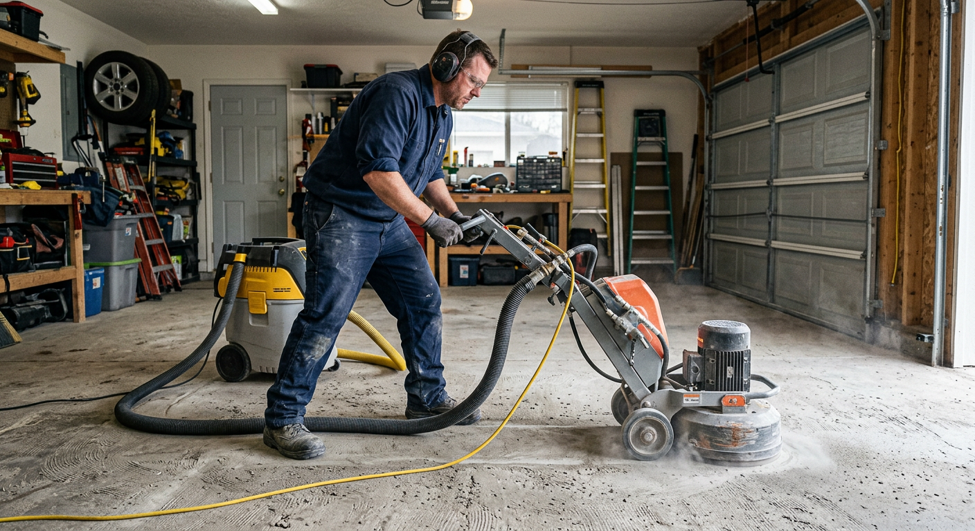 Installer grinding a garage slab