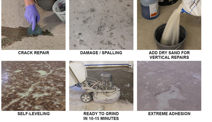 Crack repair, spalling, self-leveling and grinding steps
