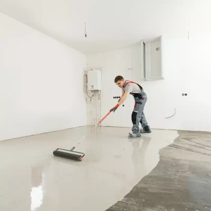 Worker leveling concrete floor in unfinished room.